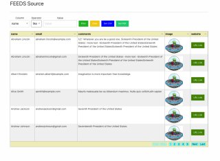 Filtering, Draggable Columns, Thumbnail display, Re-size columns, CSV & PDF downloads